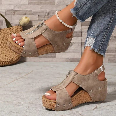 Ermelinde | Retro Keilsandalen mit Reißverschluss