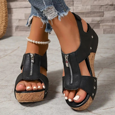 Ermelinde | Retro Keilsandalen mit Reißverschluss