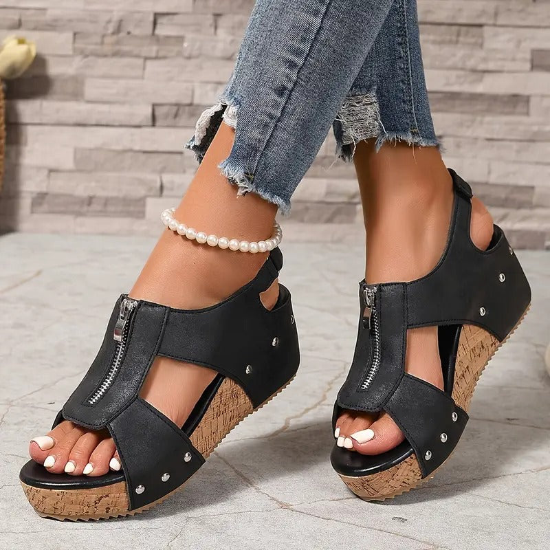Ermelinde | Retro Keilsandalen mit Reißverschluss