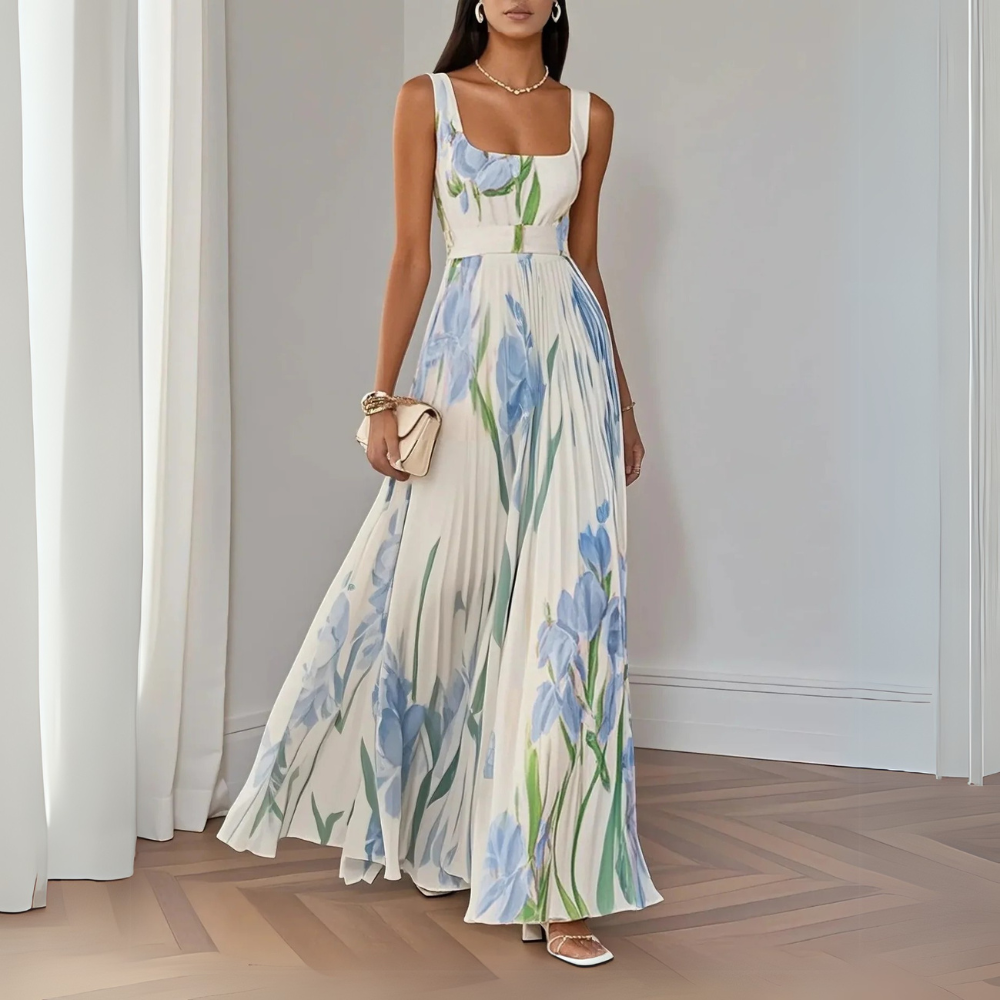 Evania | Stilvolles Plissiertes Maxikleid mit Blumenmuster