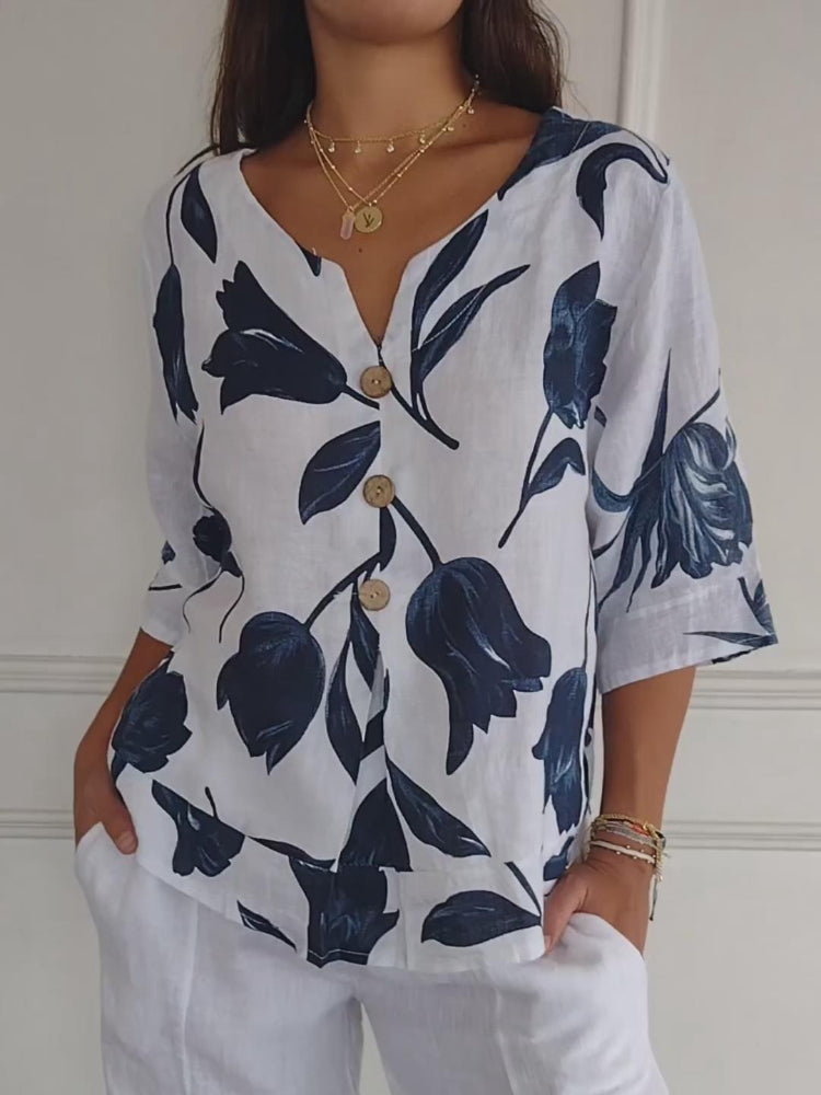 Ermengard | Blumenbluse mit V-Ausschnitt