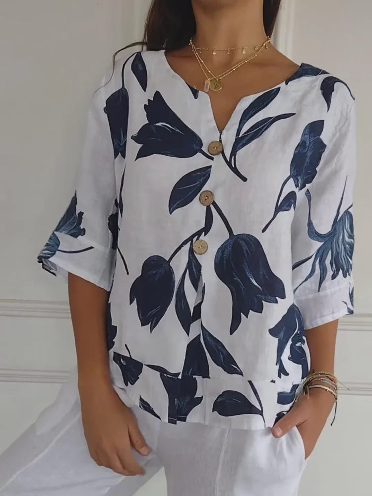 Ermengard | Blumenbluse mit V-Ausschnitt