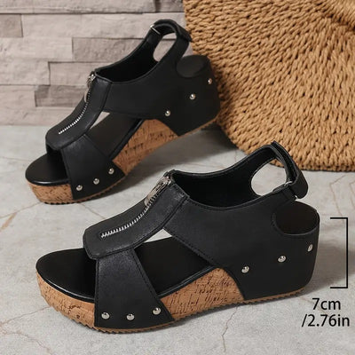 Ermelinde | Retro Keilsandalen mit Reißverschluss