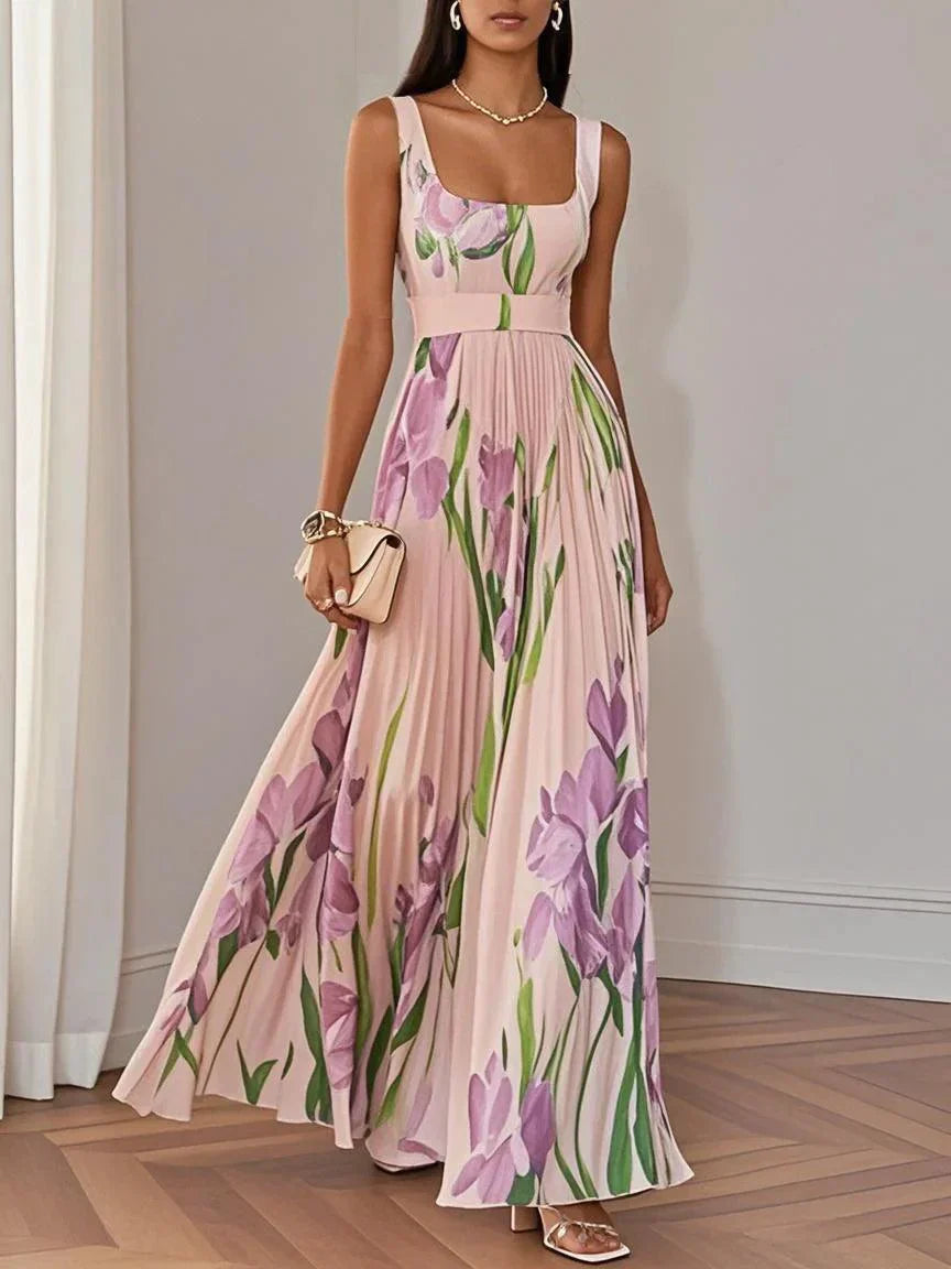 Evania | Stilvolles Plissiertes Maxikleid mit Blumenmuster