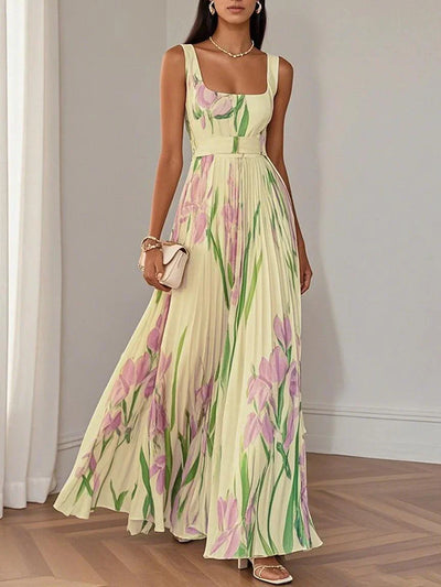 Evania | Stilvolles Plissiertes Maxikleid mit Blumenmuster