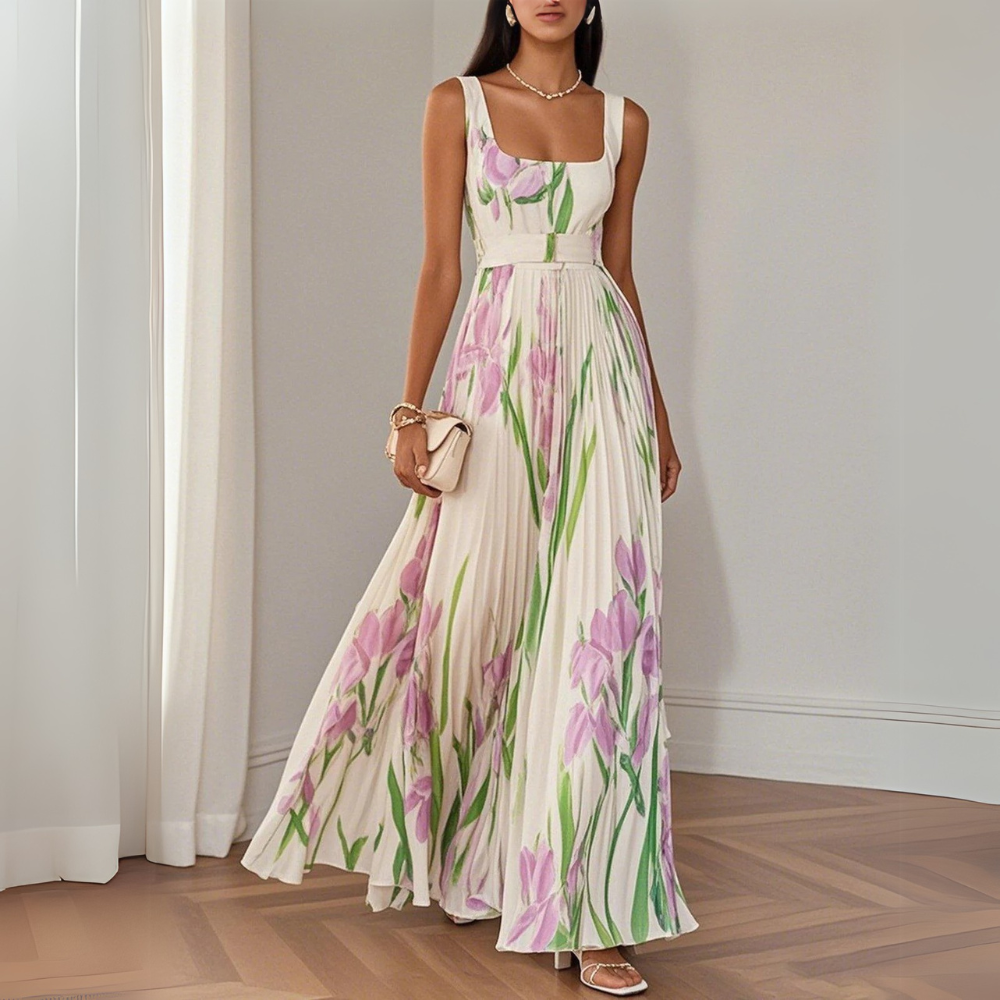 Evania | Stilvolles Plissiertes Maxikleid mit Blumenmuster